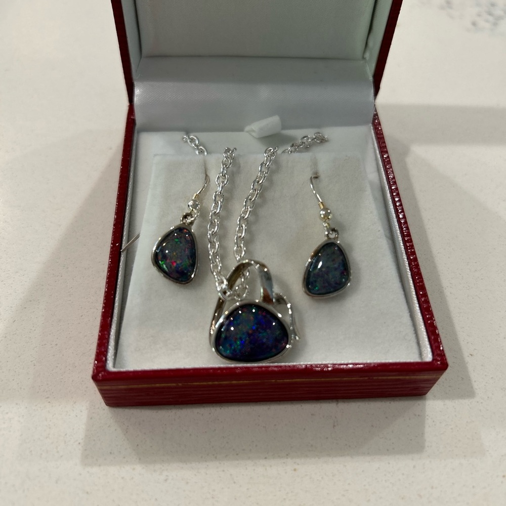 .925 Sterling Silver Purple/Blue Opal Necklace and Earrings Set